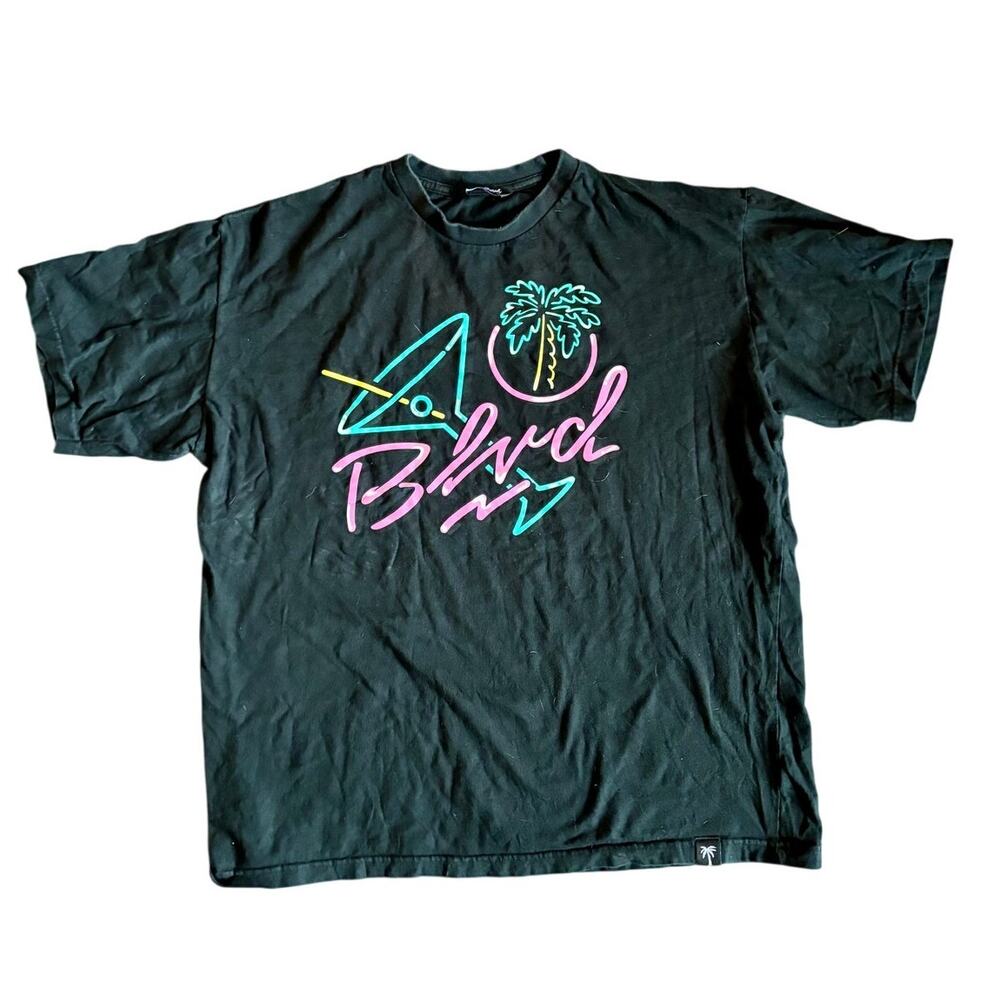 Mens Fashion BLVD T-Shirt Loose Fit Short-Sleeve Shirt Black Neon Print